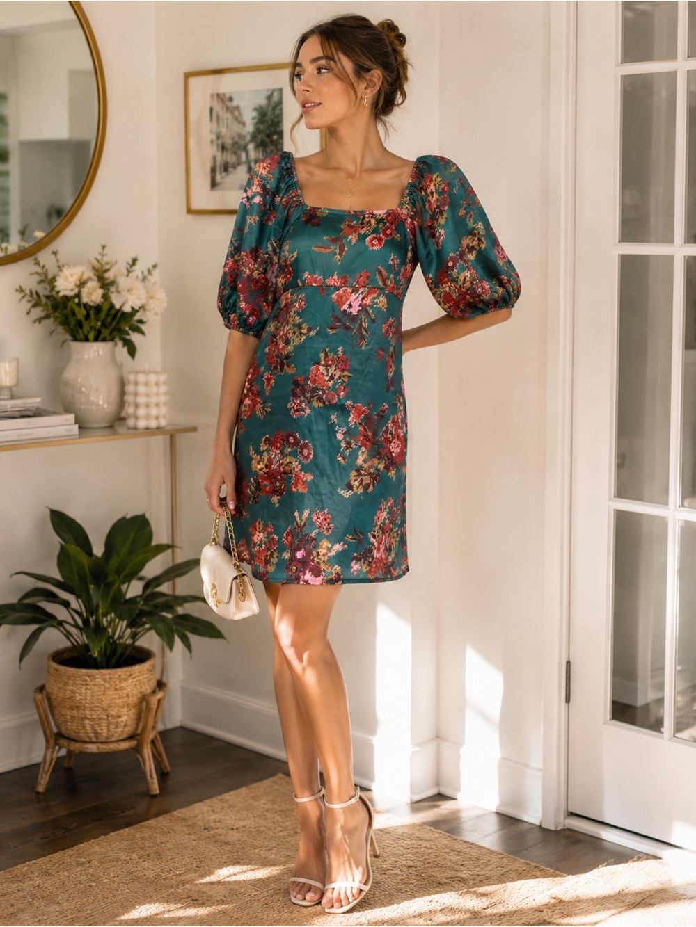 Square-Neck Puff Sleeve Mini Dress in Teal Floral